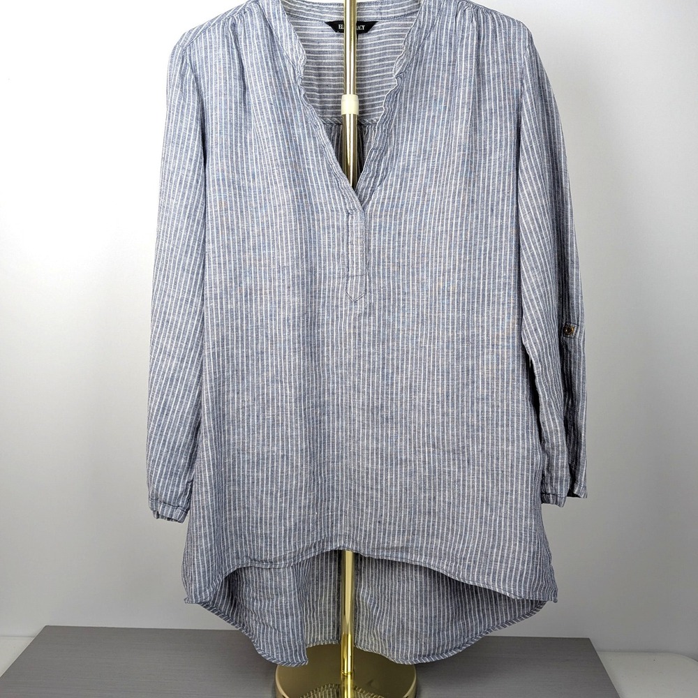 Ellen Tracy Women XL Tunic Top Blue White Striped 100% Linen Roll Tab Henley